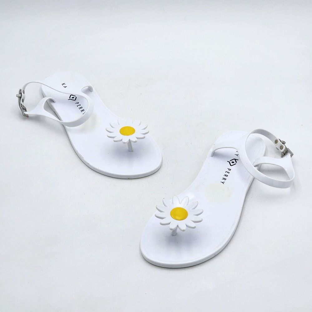 Katy Perry The Geli Buckle Daisy Flower Jelly Flat Sandals White Size 9